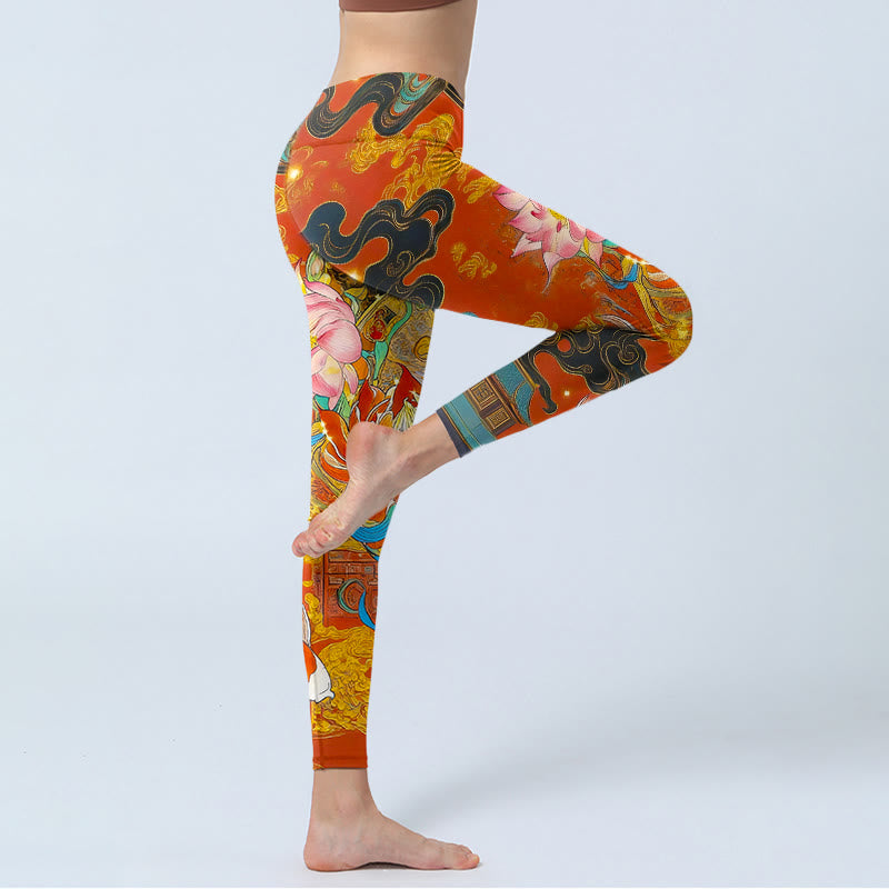 Legginsy do jogi damskie z nadrukiem w kwiaty koi i chmurę, Buddha Stones , wzór lotosu - image 3