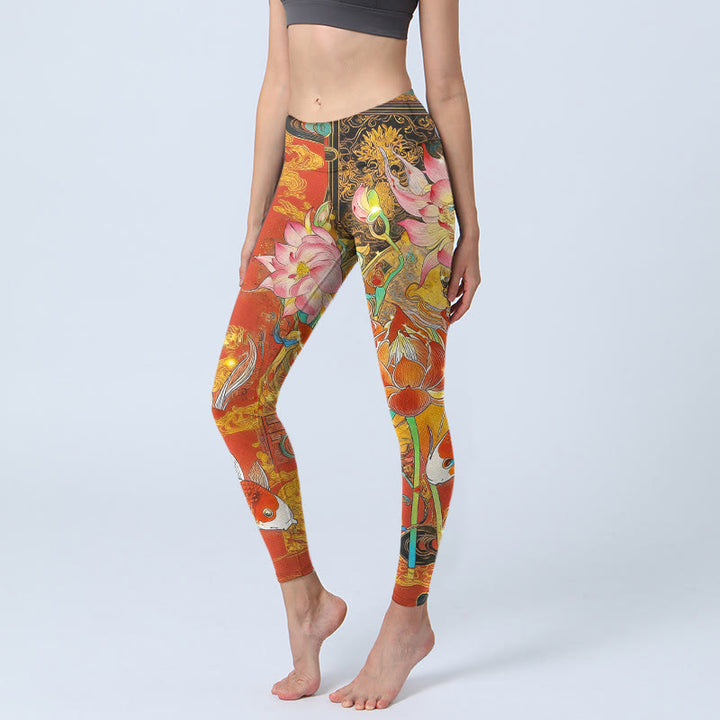 Legginsy do jogi damskie z nadrukiem w kwiaty koi i chmurę, Buddha Stones , wzór lotosu - Pomidor - US18, UK/AU22, EU50 (4XL) - image 0