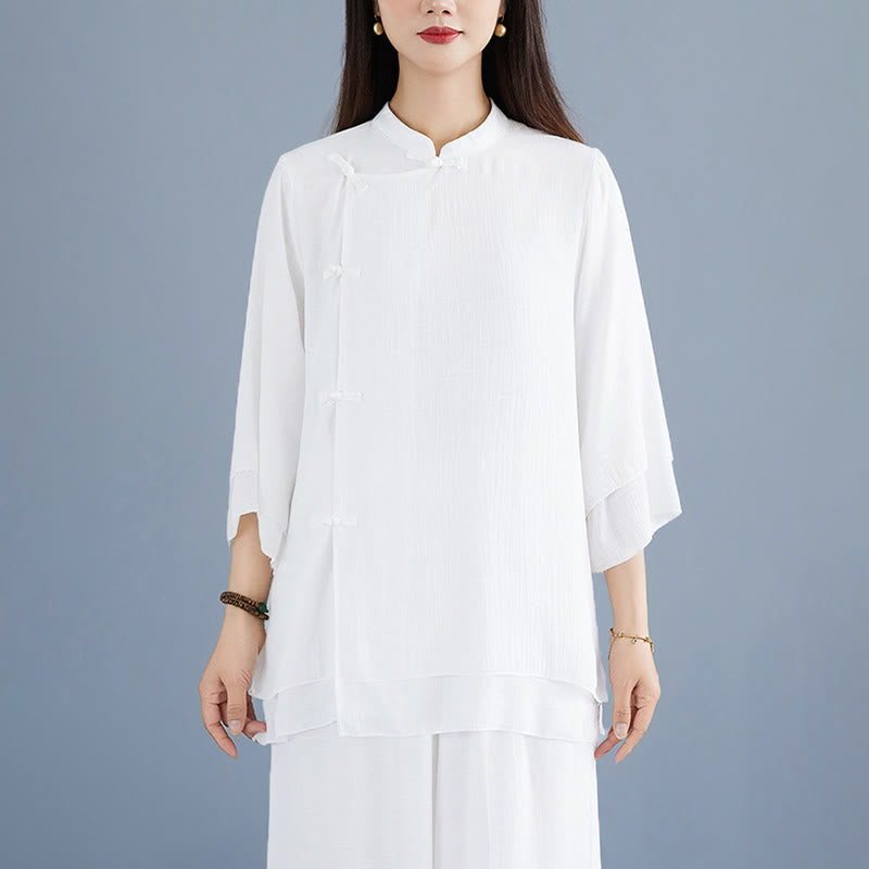 Buddha Stones, 2 szt., jednolity kolor, biała koszula z żabą i guzikami, szerokie nogawki, spodnie do medytacji i zen, zestaw damski - image 7