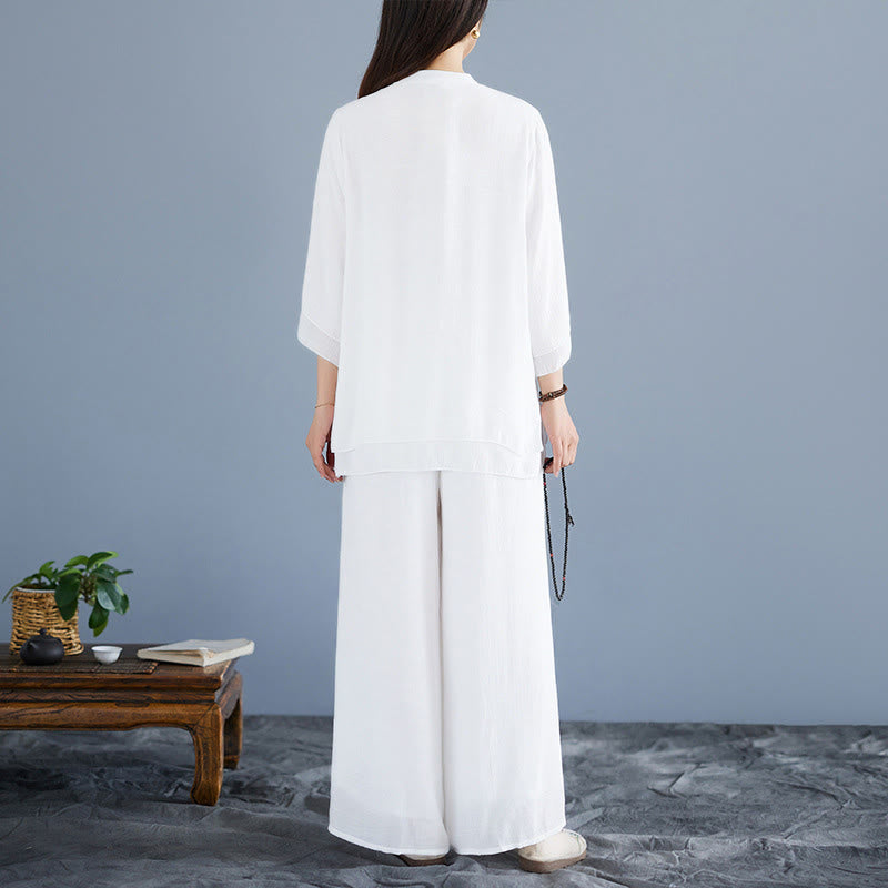 Buddha Stones, 2 szt., jednolity kolor, biała koszula z żabą i guzikami, szerokie nogawki, spodnie do medytacji i zen, zestaw damski - image 3