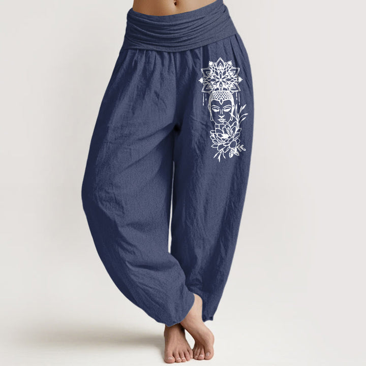 Buddha Stones, czysta bawełna, prosty wzór Buddy, wzór lotosu, damskie spodnie haremowe z elastyczną talią - DarkSlateBlue - US16, UK/AU20, EU48 (3XL) - image 0