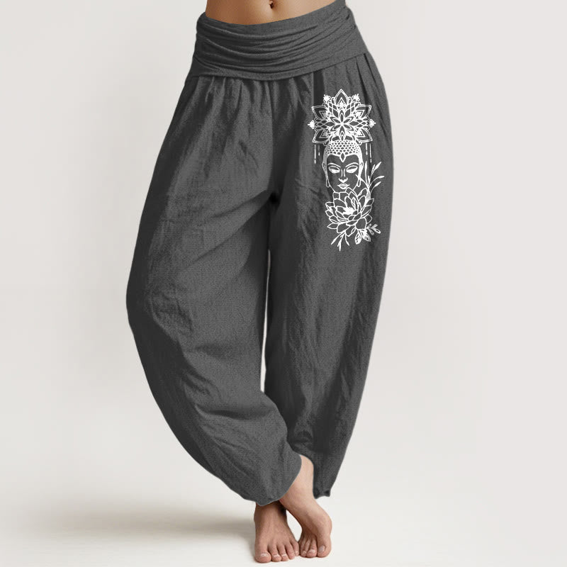 Buddha Stones, czysta bawełna, prosty wzór Buddy, wzór lotosu, damskie spodnie haremowe z elastyczną talią - DimGray - US16, UK/AU20, EU48 (3XL) - image 8