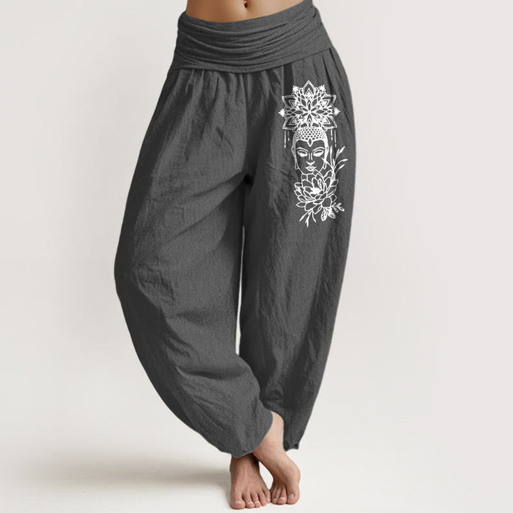 Buddha Stones, czysta bawełna, prosty wzór Buddy, wzór lotosu, damskie spodnie haremowe z elastyczną talią - DimGray - US16, UK/AU20, EU48 (3XL) - image 8
