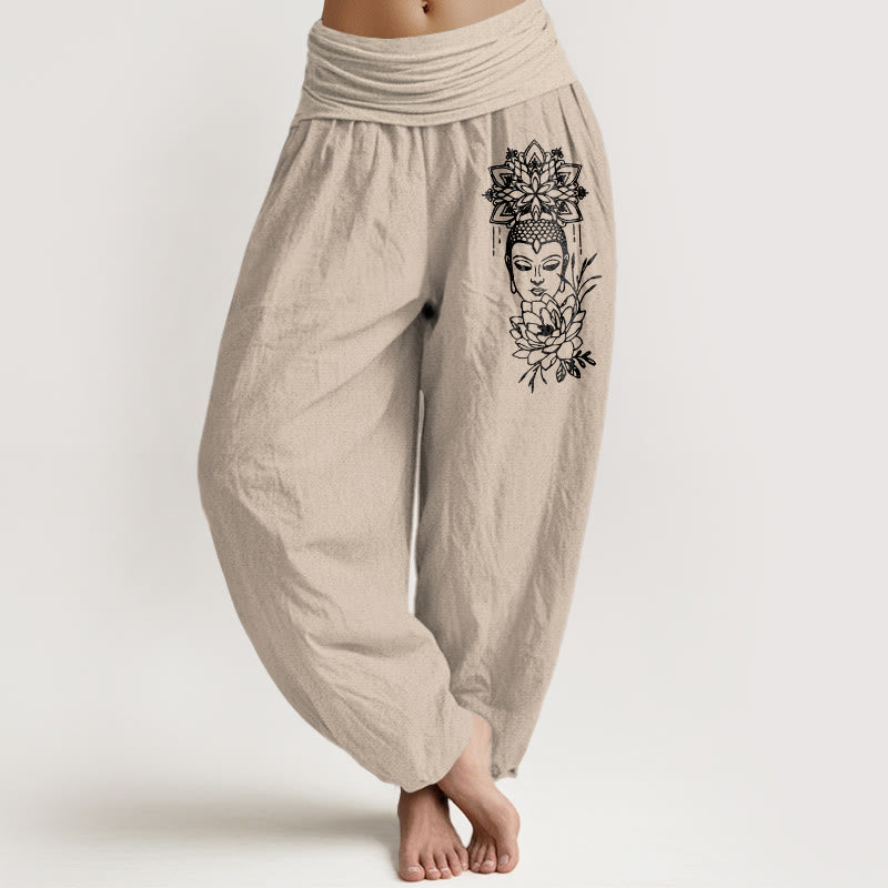 Buddha Stones, czysta bawełna, prosty wzór Buddy, wzór lotosu, damskie spodnie haremowe z elastyczną talią - Dębnik - US16, UK/AU20, EU48 (3XL) - image 11