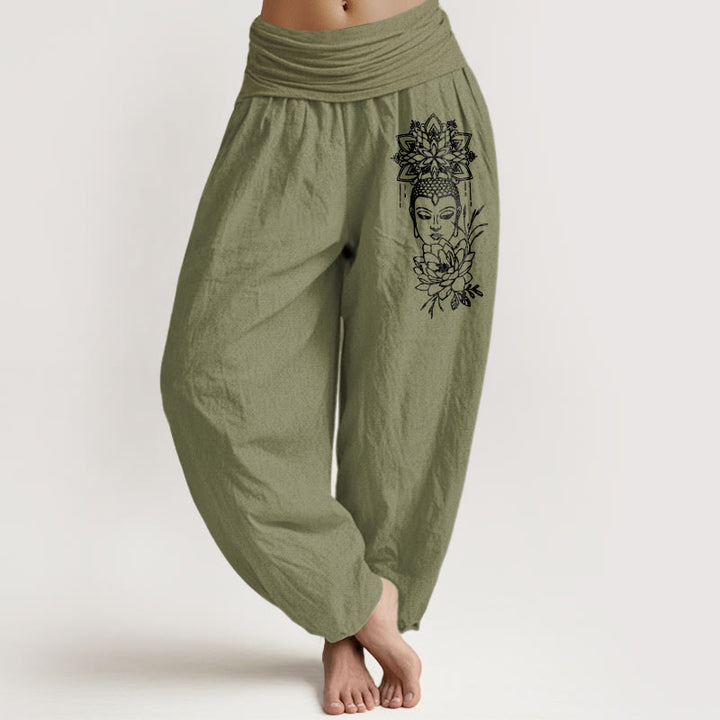 Buddha Stones, czysta bawełna, prosty wzór Buddy, wzór lotosu, damskie spodnie haremowe z elastyczną talią - Oliwkowy - US16, UK/AU20, EU48 (3XL) - image 14