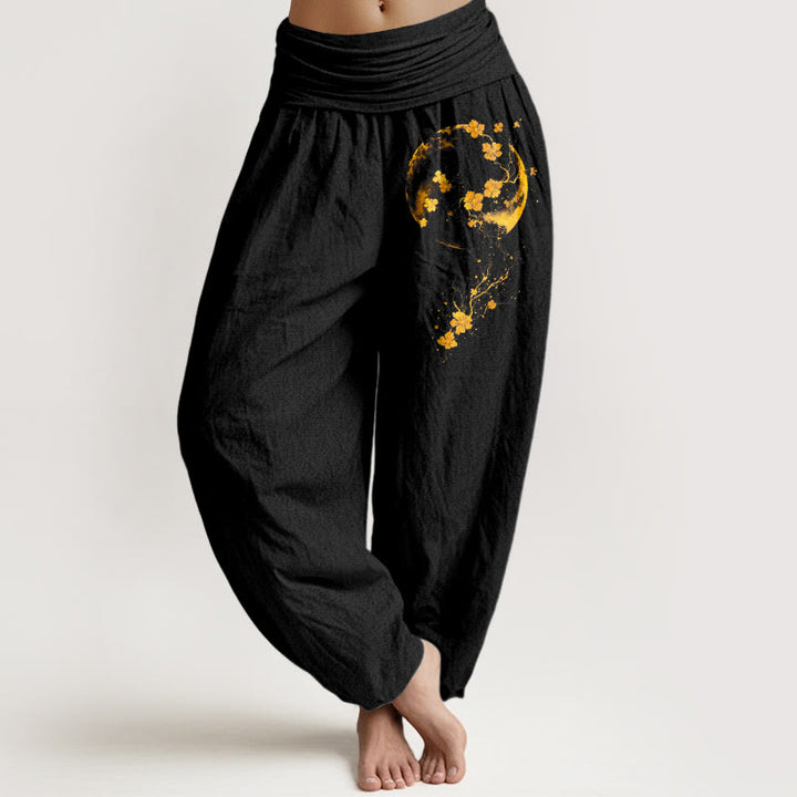 Spodnie haremki damskie z elastyczną talią, z motywem kwiatów księżyca, z czystej bawełny i kamieni Buddha Stones - Czarny - US16, UK/AU20, EU48 (3XL) - image 0