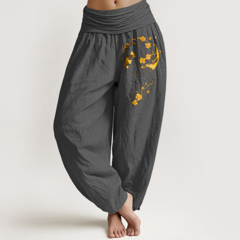 Spodnie haremki damskie z elastyczną talią, z motywem kwiatów księżyca, z czystej bawełny i kamieni Buddha Stones - DimGray - US16, UK/AU20, EU48 (3XL) - image 8