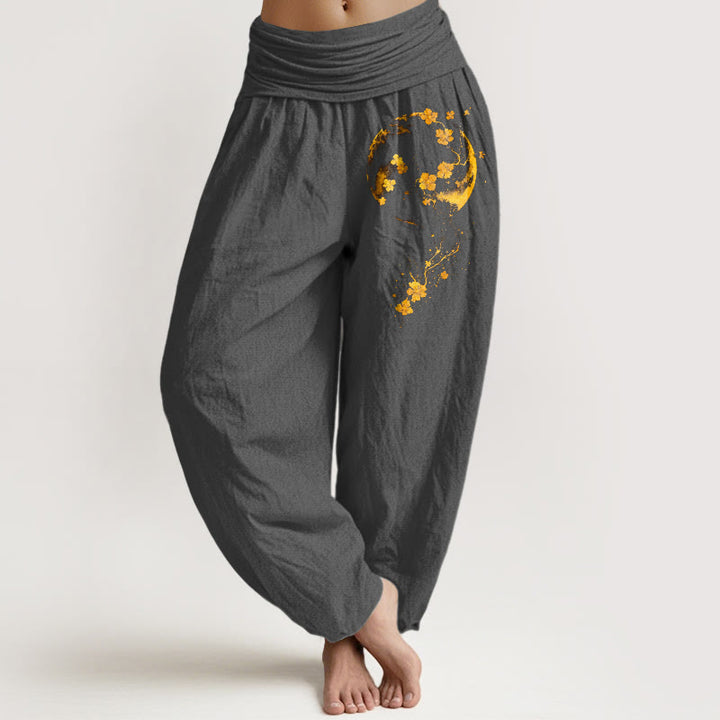 Spodnie haremki damskie z elastyczną talią, z motywem kwiatów księżyca, z czystej bawełny i kamieni Buddha Stones - DimGray - US16, UK/AU20, EU48 (3XL) - image 8