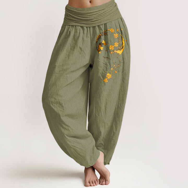 Spodnie haremki damskie z elastyczną talią, z motywem kwiatów księżyca, z czystej bawełny i kamieni Buddha Stones - Oliwkowy - US16, UK/AU20, EU48 (3XL) - image 14