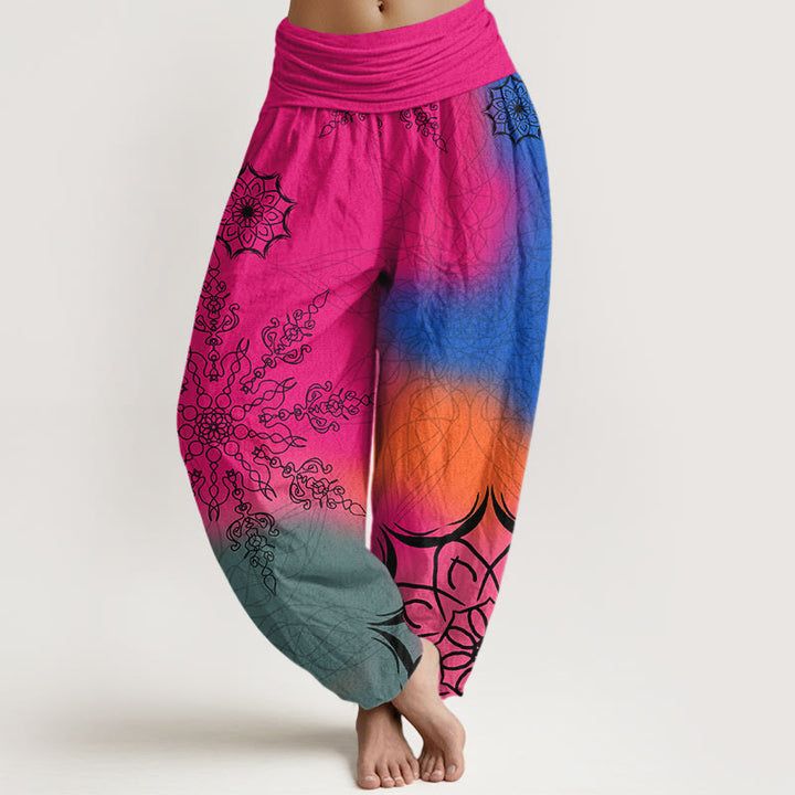 Damskie spodnie haremowe z elastyczną talią i bawełnianą podszewką z motywem mandali i Buddha Stones - Głęboki róż - US16, UK/AU20, EU48 (3XL) - image 0