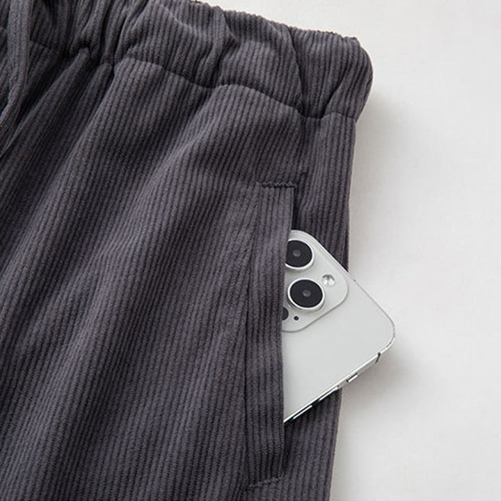 Spodnie sztruksowe męskie z kieszeniami i ściągaczem w kolorze Buddha Stones , z gładką elastyczną talią - image 5