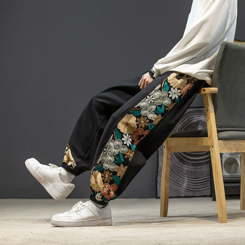 Spodnie bawełniane męskie z haftowanym kwiatowym wzorem w stylu patchworku i kieszeniami "Buddha Stones Spring" - Czarny - US/UK/AU46， EU56 (5XL) - image 0