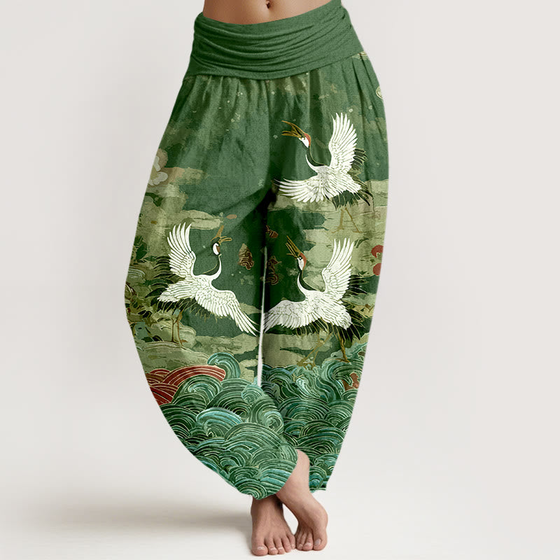 Spodnie haremowe damskie z elastyczną talią i falami w kształcie chmur, z motywem kamieni Buddha Stones - Zielony - US16, UK/AU20, EU48 (3XL) - image 5