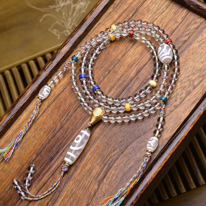 Buddha Stones 108 koralików Liuli Crystal Dzi Koralik Agat Błogosławieństwa Tassel Mala - Biały koralik Dzi - 6 mm - image 13