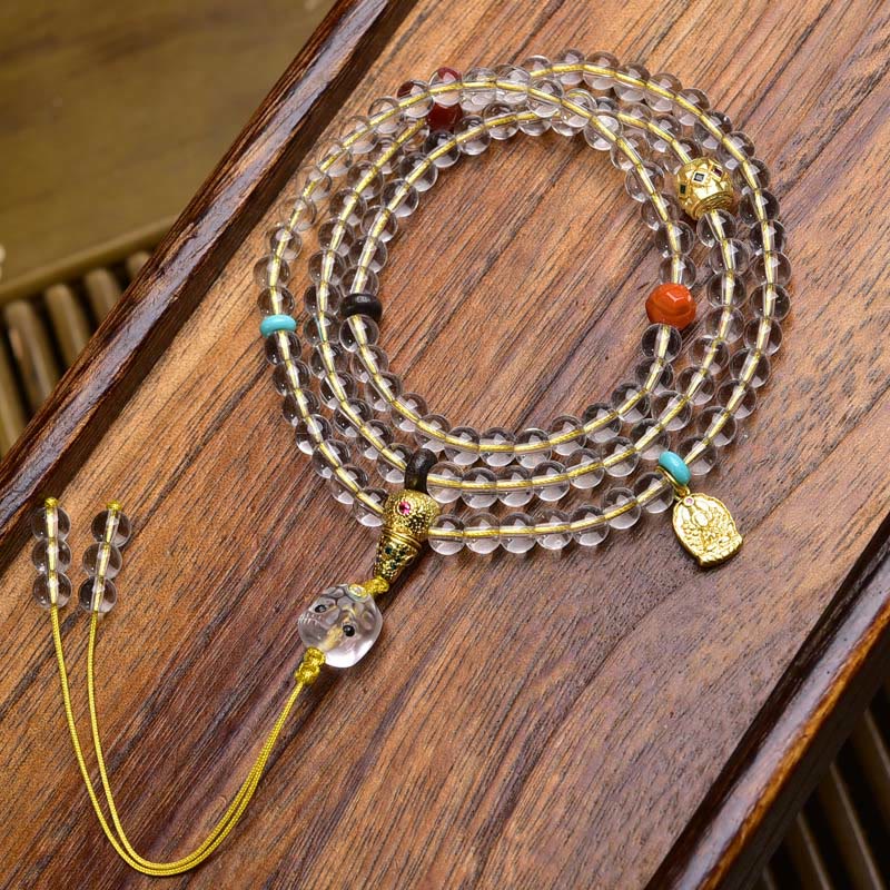 Buddha Stones 108 koralików Liuli Crystal Dzi Koralik Agat Błogosławieństwa Tassel Mala - Żółta lina miedziana z zawieszką - 6 mm - image 15