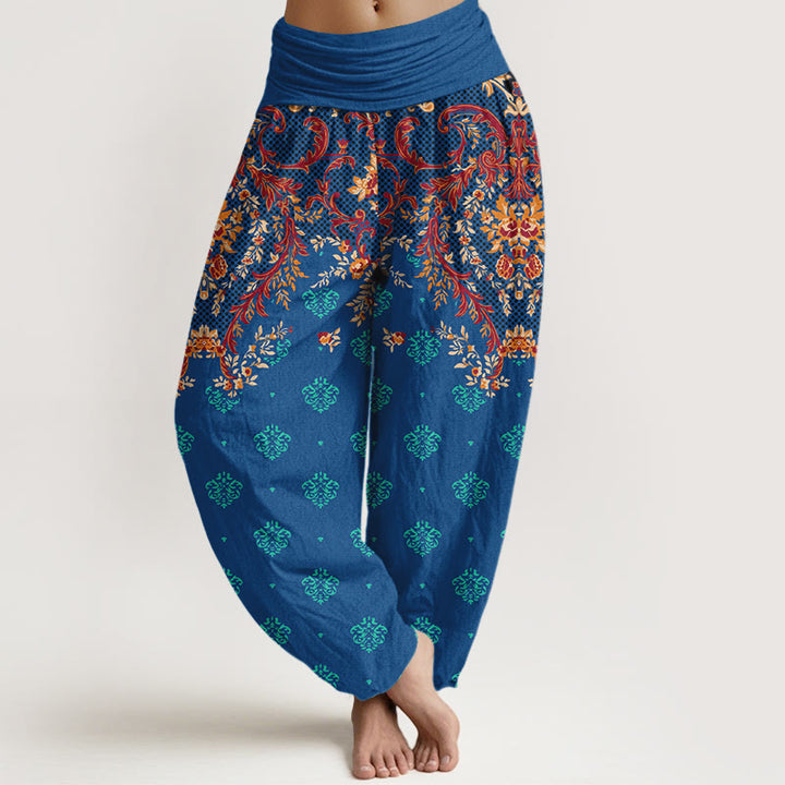 Spodnie haremki damskie z elastyczną talią i bawełnianym wzorem symetrycznych liści z motywem Buddha Stones - Niebieski - US16, UK/AU20, EU48 (3XL) - image 0