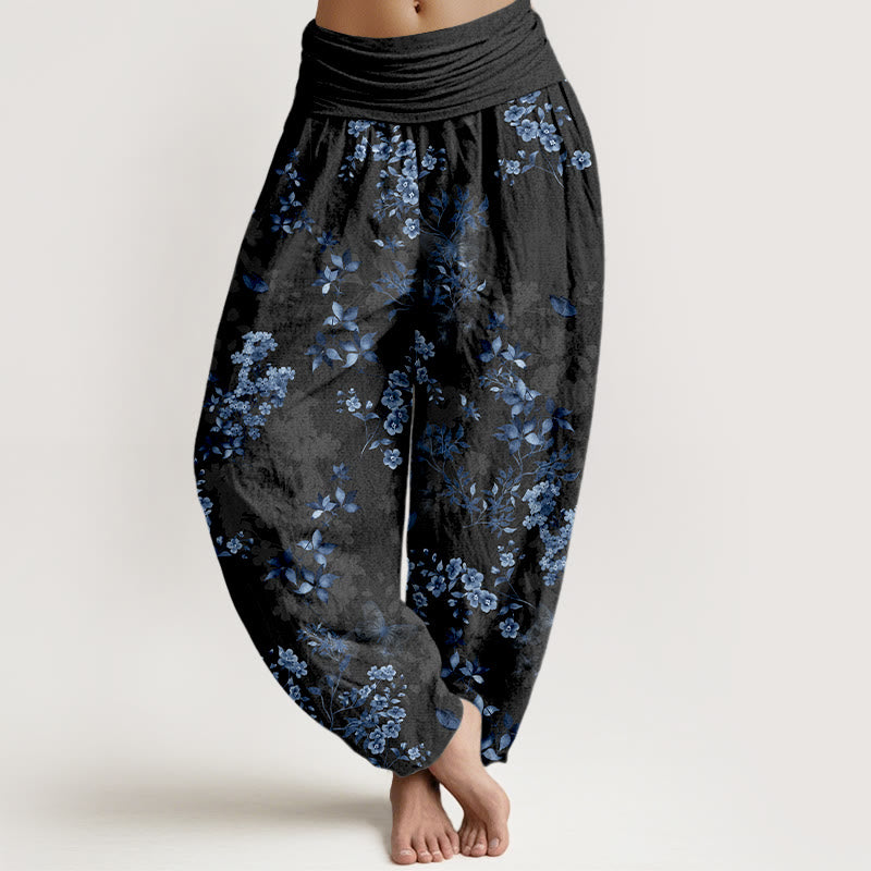 Buddha Stones Damskie spodnie typu haremki z elastyczną talią, wykonane z bawełny, z wzorem w kwiaty i liście - Czarny - US16, UK/AU20, EU48 (3XL) - image 0