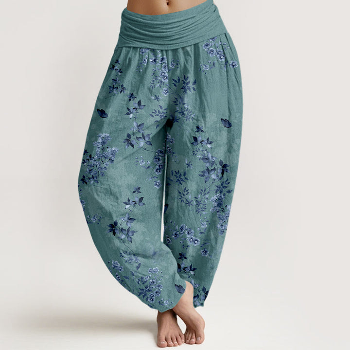 Buddha Stones Damskie spodnie typu haremki z elastyczną talią, wykonane z bawełny, z wzorem w kwiaty i liście - CadetBlue - US16, UK/AU20, EU48 (3XL) - image 5