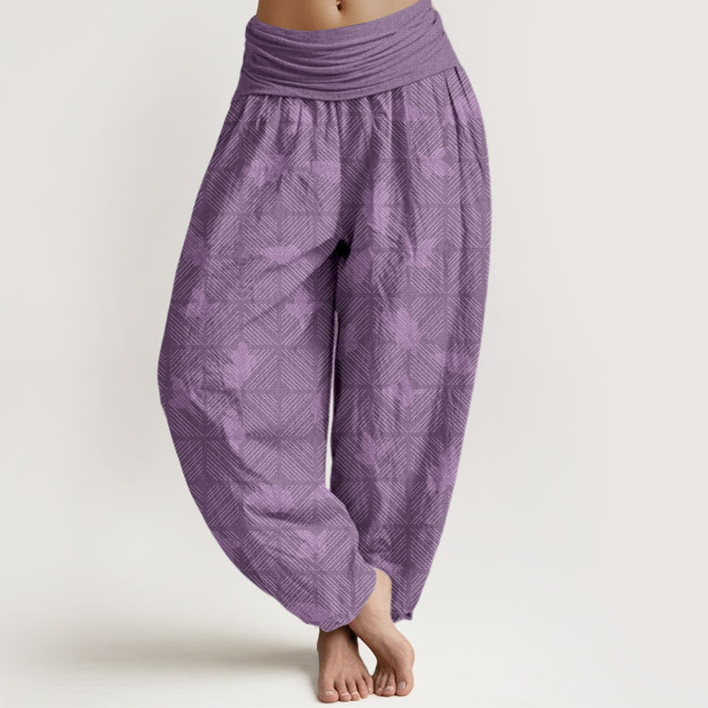 Spodnie haremki damskie z elastycznej talii z bawełny z motywem Buddha Stones w starannie ułożony wzór w kratkę z liści - MediumOrchid - US16, UK/AU20, EU48 (3XL) - image 8