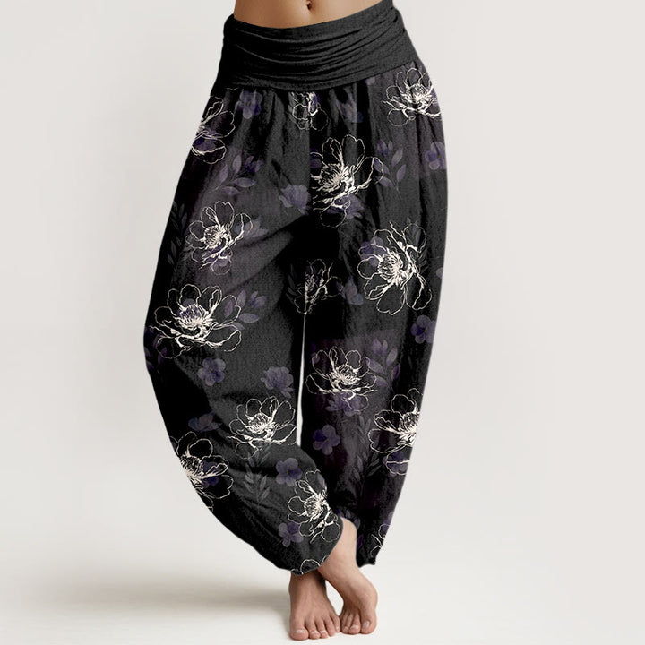 Damskie spodnie haremowe z elastyczną talią i bawełnianą podszewką w kwiaty w stylu retro z motywem Buddha Stones - Czarny - US16, UK/AU20, EU48 (3XL) - image 0