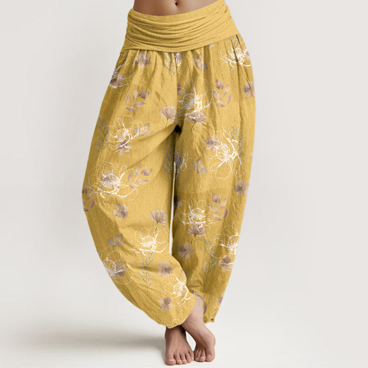 Damskie spodnie haremowe z elastyczną talią i bawełnianą podszewką w kwiaty w stylu retro z motywem Buddha Stones - Złoto - US16, UK/AU20, EU48 (3XL) - image 5