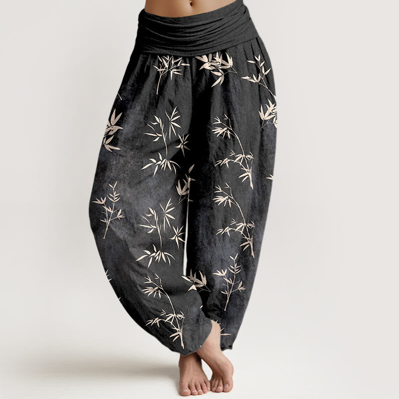Spodnie haremki damskie z elastyczną talią i bawełnianą, prostą imitacją liści bambusa, z motywem Buddha Stones - Czarny - US16, UK/AU20, EU48 (3XL) - image 8