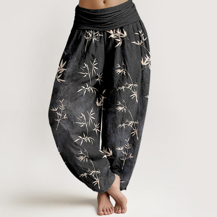 Spodnie haremki damskie z elastyczną talią i bawełnianą, prostą imitacją liści bambusa, z motywem Buddha Stones - Czarny - US16, UK/AU20, EU48 (3XL) - image 8