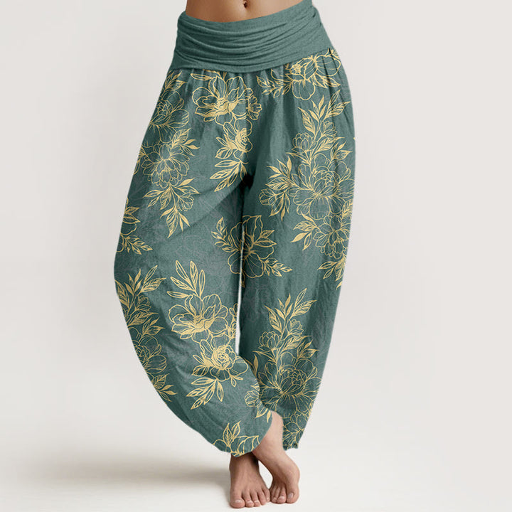 Spodnie Buddha Stones damskie z elastycznej talii z bawełny z motywem skomplikowanych kwiatów i liści - MediumSeaGreen - US16, UK/AU20, EU48 (3XL) - image 0