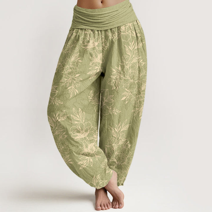 Spodnie Buddha Stones damskie z elastycznej talii z bawełny z motywem skomplikowanych kwiatów i liści - Żółtozielony - US16, UK/AU20, EU48 (3XL) - image 11