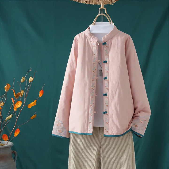 Buddha Stones Zimowa Żaba Haftowane Guziki Kwiaty Winorośli Otwarty Przód Bawełniana Damska Kurtka Termiczna z Długim Rękawem - MistyRose - US8-10，UK/AU12-14，EU40-42 (2XL) - image 2