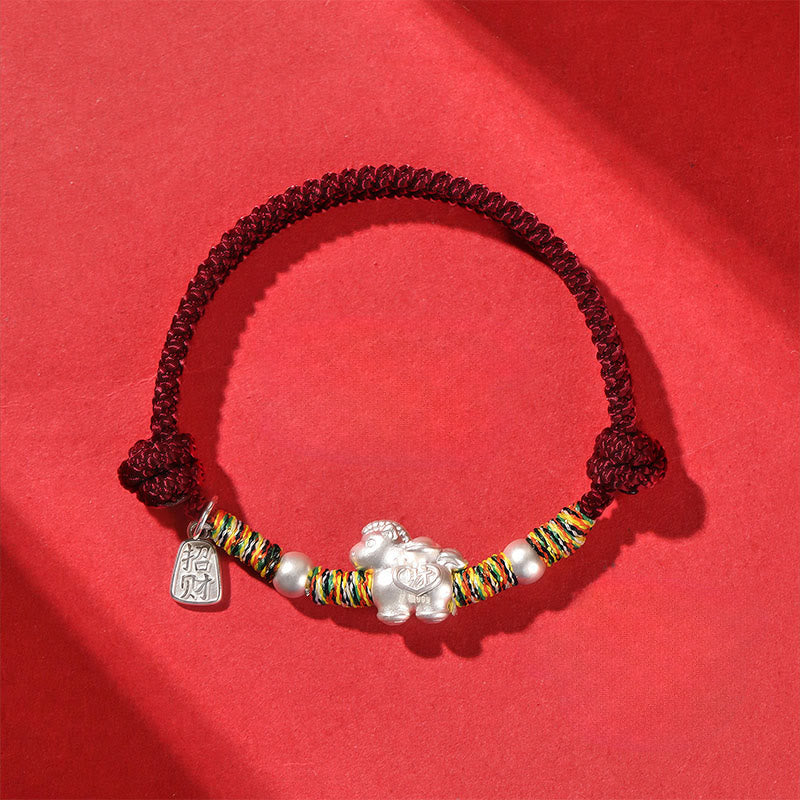 Bransoletka ze sznurka wykonana ręcznie z Buddha Stones ze srebra próby 999 Rok Konia Wolność - Ciemnoczerwona lina (obwód nadgarstka: 14-21 cm) - image 5