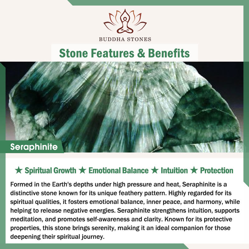 Bransoletka z koralików z naturalnego serafinitu i Buddha Stones , okrągła, z motywem równowagi emocjonalnej - image 7