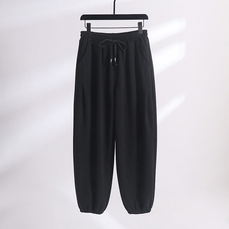 Buddha Stones bawełniane spodnie haremowe z kieszeniami, jesień/zima, jednolity kolor, ściągacz, polar, podszewka, elastyczny pas - Czarny (wersja standardowa) - US/UK/AU54， EU64 (9XL) - image 8