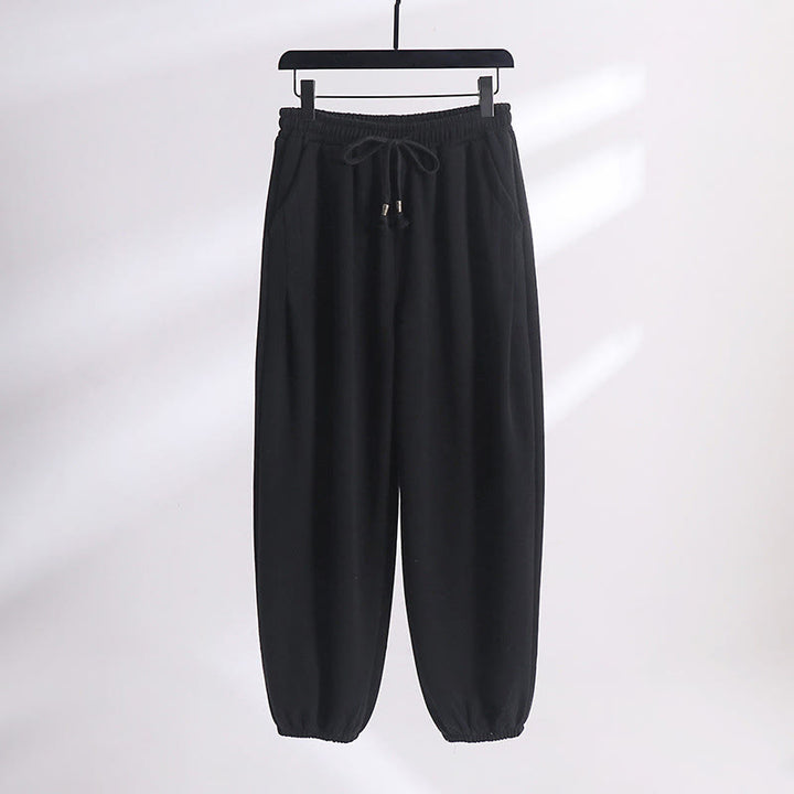 Buddha Stones bawełniane spodnie haremowe z kieszeniami, jesień/zima, jednolity kolor, ściągacz, polar, podszewka, elastyczny pas - Czarny (wersja standardowa) - US/UK/AU54， EU64 (9XL) - image 8