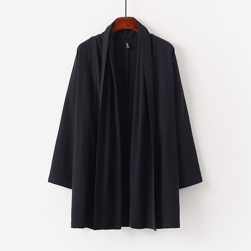 Buddha Stones Wiosna Jesień Jednolity kolor Długi rękaw Średniej długości Męskie kimono otwarte z przodu - Czarny - US/UK/AU54， EU64 (9XL) - image 1