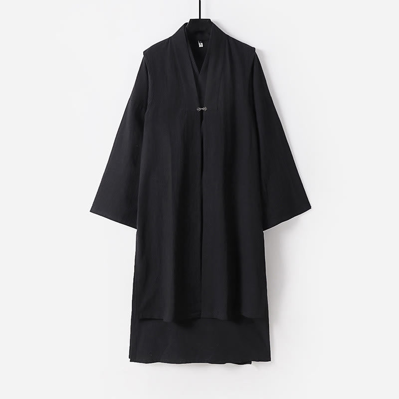 Buddha Stones 2 sztuki Wudang Fall Solid Long Sleeve Mens Taoist Long Robe Kamizelka Bez Rękawów Sznurowany Kimono Ceremonia Garnitur - Czarny - US/UK/AU54， EU64 (9XL) - image 9