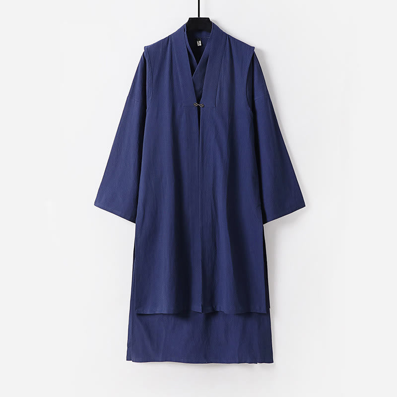 Buddha Stones 2 sztuki Wudang Fall Solid Long Sleeve Mens Taoist Long Robe Kamizelka Bez Rękawów Sznurowany Kimono Ceremonia Garnitur - Stalowoniebieski - US/UK/AU54， EU64 (9XL) - image 12