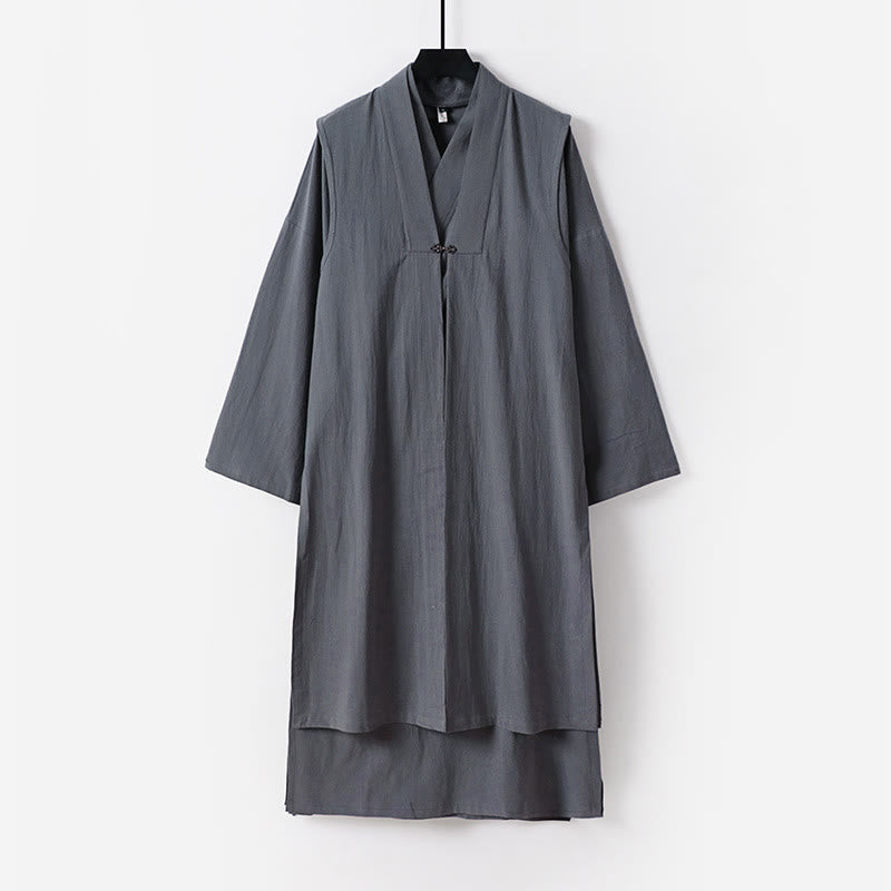 Buddha Stones 2 sztuki Wudang Fall Solid Long Sleeve Mens Taoist Long Robe Kamizelka Bez Rękawów Sznurowany Kimono Ceremonia Garnitur - Ciemnoszary - US/UK/AU54， EU64 (9XL) - image 0