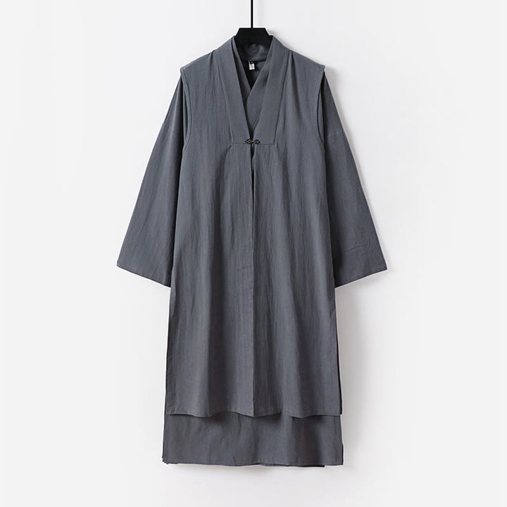 Buddha Stones 2 sztuki Wudang Fall Solid Long Sleeve Mens Taoist Long Robe Kamizelka Bez Rękawów Sznurowany Kimono Ceremonia Garnitur - Ciemnoszary - US/UK/AU54， EU64 (9XL) - image 0