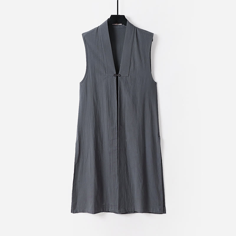 Buddha Stones 2 sztuki Wudang Fall Solid Long Sleeve Mens Taoist Long Robe Kamizelka Bez Rękawów Sznurowany Kimono Ceremonia Garnitur - image 1