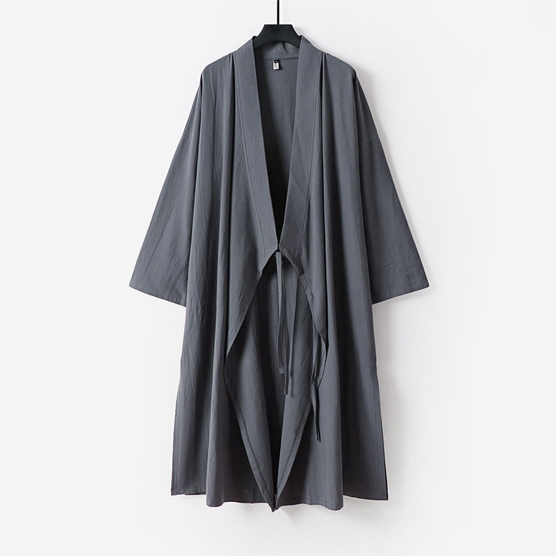 Buddha Stones 2 sztuki Wudang Fall Solid Long Sleeve Mens Taoist Long Robe Kamizelka Bez Rękawów Sznurowany Kimono Ceremonia Garnitur - image 3