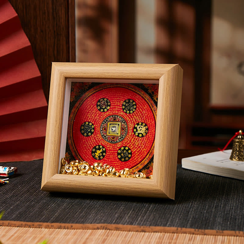 Buddha Stones Tybetańskie Om Mani Padme Hum Złota Sztabka Thangka Ramka na Zdjęcia Ozdoba Wystrój Domu - Styl 2 - Żółta płyta pilśniowa średniej gęstości (10*10*4 cm) - image 2