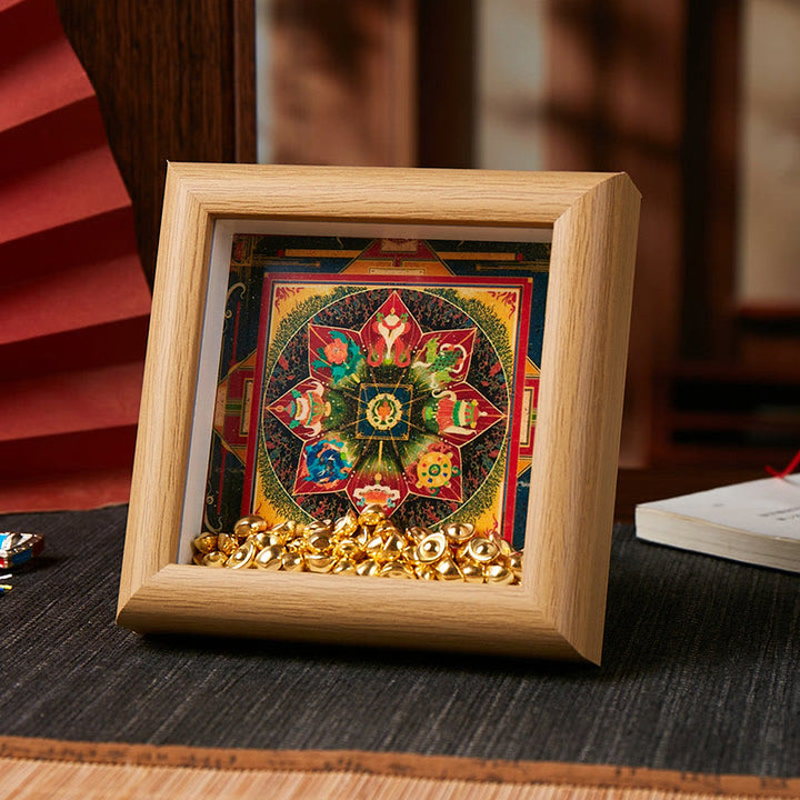 Buddha Stones Tybetańskie Om Mani Padme Hum Złota Sztabka Thangka Ramka na Zdjęcia Ozdoba Wystrój Domu - Styl 3 - Żółta płyta pilśniowa średniej gęstości (10*10*4 cm) - image 4