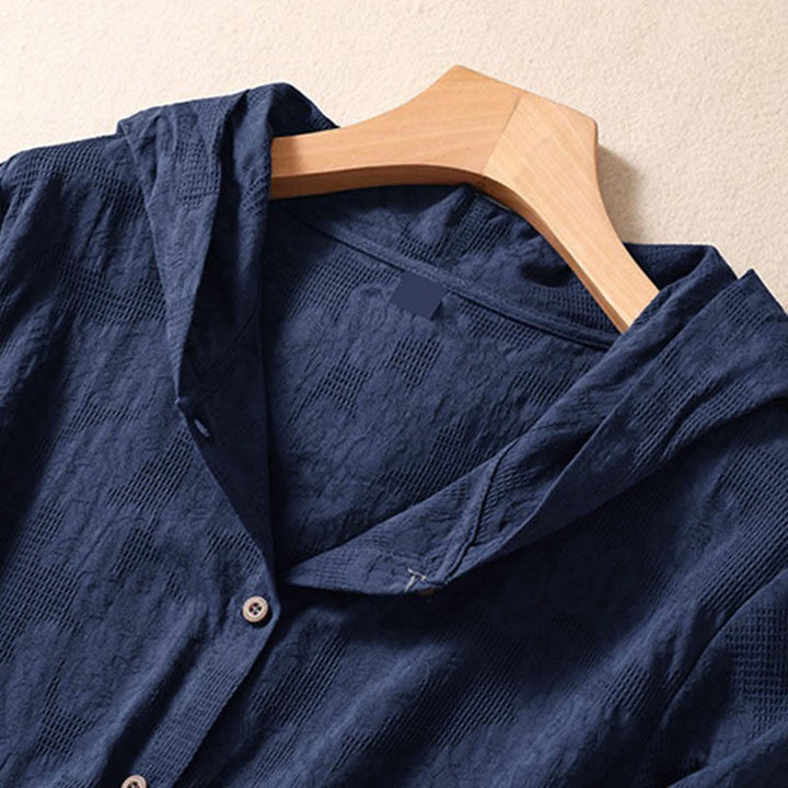 Bluza damska z kapturem z długim rękawem i żakardowym nadrukiem "Buddha Stones Fall" z guzikami i bawełny - image 2