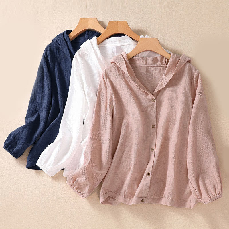 Bluza damska z kapturem z długim rękawem i żakardowym nadrukiem "Buddha Stones Fall" z guzikami i bawełny - image 30