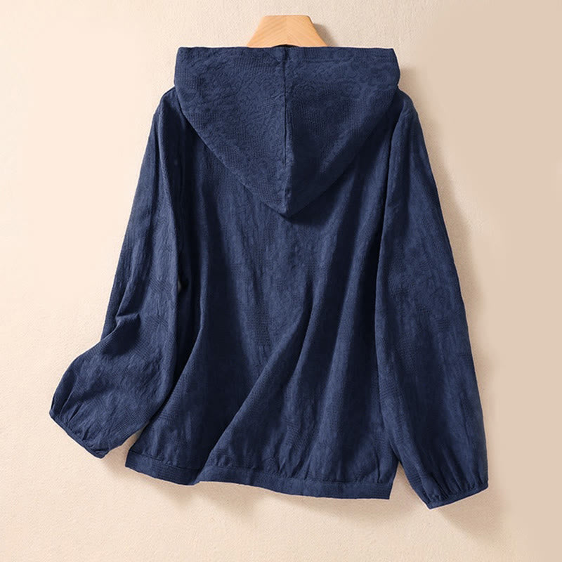 Bluza damska z kapturem z długim rękawem i żakardowym nadrukiem "Buddha Stones Fall" z guzikami i bawełny - image 1