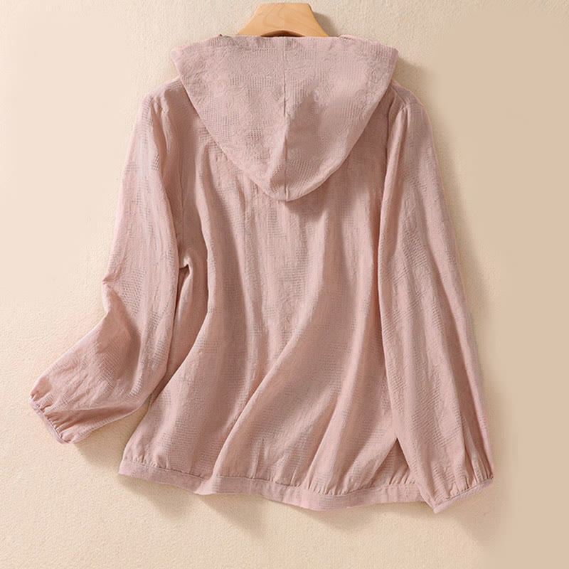 Bluza damska z kapturem z długim rękawem i żakardowym nadrukiem "Buddha Stones Fall" z guzikami i bawełny - image 9