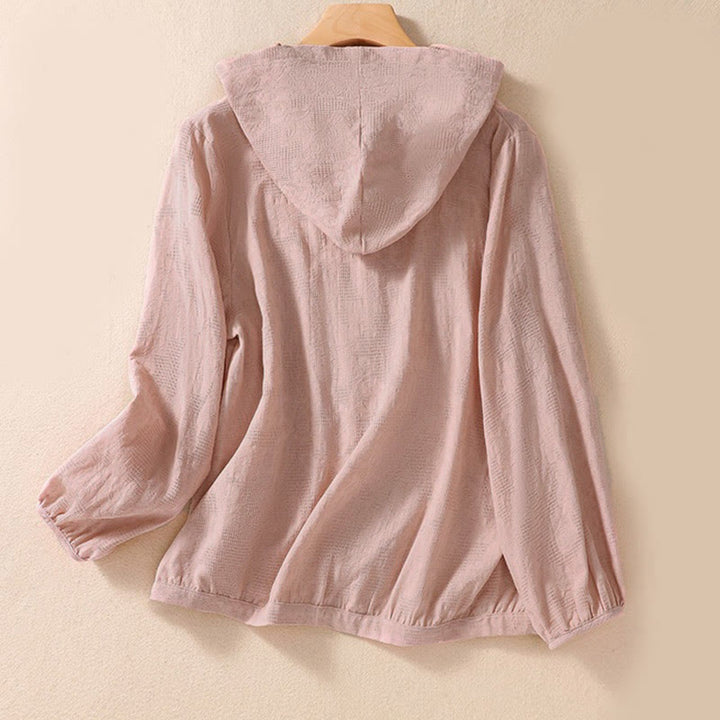 Bluza damska z kapturem z długim rękawem i żakardowym nadrukiem "Buddha Stones Fall" z guzikami i bawełny - image 9