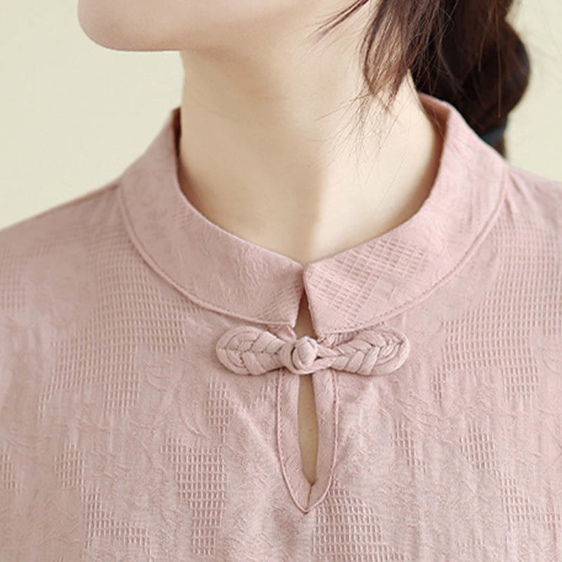 Koszula damska z bawełny z haftem Buddha Stones, rękawami trzy czwarte, jednym guzikiem żaby i kołnierzykiem mandaryńskim - image 23