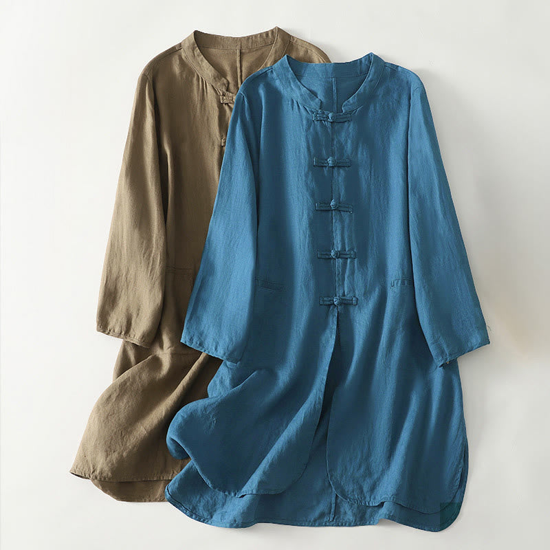 Koszula damska z bawełny w jednolitym kolorze z żabim guzikiem i stójką, z rękawami trzy czwarte i długością do połowy łydki, z Buddha Stones - image 0